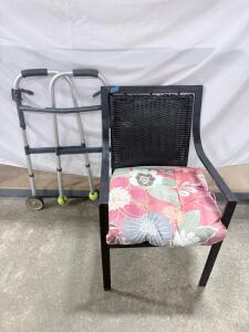 Folding Aluminum 2-Wheel Walker with Tennis Ball Feet & Black Wooden Armchair with Floral Cushion