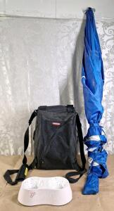 (1) Sport-Brella Super-Brella UPF 50+ Sun & Rain Canopy Umbrella, 8 Foot Portable Beach Shelter W/ Side Panels / Wind Flaps & (1) Rubbermaid Small Pet Carrier W / Food& Water Dish
