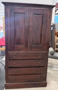 Antique Wooden Armoire with 2 Doors and 4 Drawers, Dark Reddish-Brown Finish