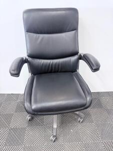 High-Back Executive Office Chair, Black Leather, Metal Base, Padded Arms, Swivel Wheels