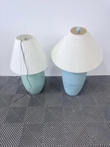Pair of Ceramic Table Lamps, Aqua Base, White Fabric Shades, 26" Height, Standard Socket