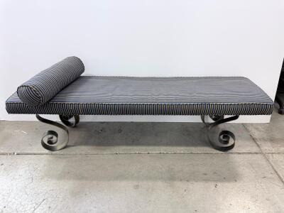 Metal Frame Upholstered Bench with Striped Cushion and Bolster Pillow
