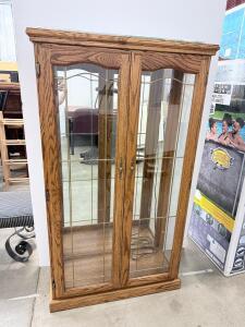 Medium Oak Leaded Glass Curio Cabinet, 60"x36"x14", Mirrored Back, Wired Lighting