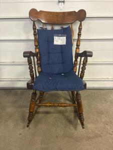 Round Furniture Wooden Rocking Chair with Blue Cushions, Traditional Design.