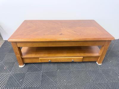 Medium Oak Wood Coffee Table with Drawer and Lower Shelf, 42" x 24" x 18"