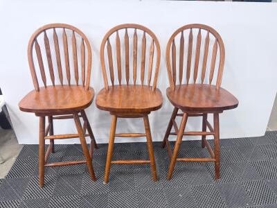 Set of 3 Wooden Windsor Swivel Bar Stools with Backs, Medium Brown, Footrests