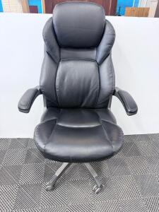 Black Leather High-Back Executive Office Chair, Ergonomic, Padded Arms, Metal Base, 300lb Capacity
