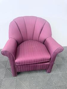 Shell Back Mauve Upholstered Armchair, Ribbed Fabric, Approx. 35x32x36 in, Rolled Arms