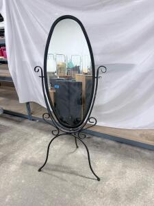 Black Metal Oval Cheval Mirror with Decorative Scrollwork Frame and Tilting Feature