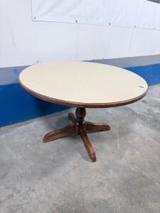 Round 48" Laminate Top Pedestal Dining Table, 4 Seats, Wood Base, Tan & Brown Finish