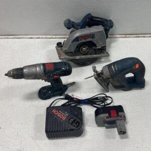 Bosch 18V Power Tool Kit: 13618 Hammer Drill, Circular Saw(motor is seized) , Jigsaw, Battery, Charger.( Tested and Working)
