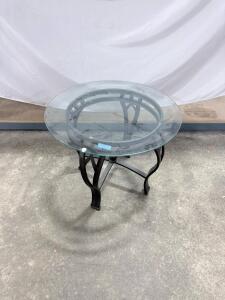 Round Glass Top Side Table with Black Metal Base, 20" Diameter, 22" Height