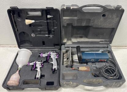 Freud Biscuit Joiner JS104 with Accessories (tested)and 2-Piece HVLP Spray Gun Kit in Hard Cases