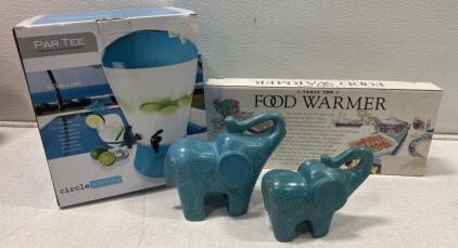 Party table Lot. Tabletop Food Warmer, Tealight Heated, Tray Style, Approx. 18" x 8", Includes Original Box & Manual. ParTee Drink dispenser and 2 Gorgeous elephant table decor statues.