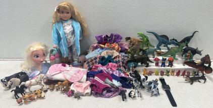 American Girl 18" Doll, Disney Frozen Elsa Head, Paw Patrol, Dino & Animal Toy Lot with Clothes