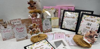 Highland Cow Baby Shower Set &ndash; Floral Theme, 6+ Games, Signage, Wooden Clips, Decor Pack