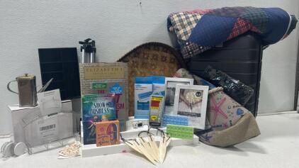 Miscellaneous Lot. Enjoy items such as a Window hanging bird feeder, brand new in box. A beautiful handmade quilt, and a very nice rolling luggage.Vintage Asian-Inspired Metal Teapot with Hand-Painted Scene and Brass Accents, and much more.