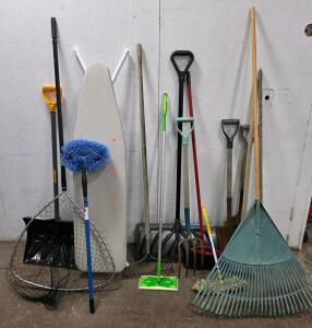 Assorted Household and Garden Tools Lot &ndash; Includes Shovels, Rakes, Brooms, Ironing Board