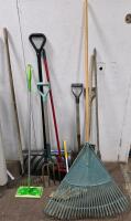 Assorted Household and Garden Tools Lot &ndash; Includes Shovels, Rakes, Brooms, Ironing Board - 2
