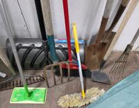 Assorted Household and Garden Tools Lot &ndash; Includes Shovels, Rakes, Brooms, Ironing Board - 4