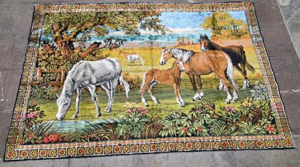Vintage 1960s-70s Pictorial Tapestry Rug with Horse Pastoral Scene, 6 x 4ft