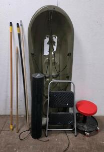 Utility Deer Sled, Cabela&rsquo;s Meat Grinder, Sterilite Can, Tools, Foam Roller, Mechanic Stool Lot