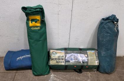 Grizzly 13'x9' Screen House Shelter with Multiple Camping Tents and Gear in Carry Bags