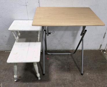30" Tall Folding TV Tray Table with Metal Frame and Wood Top & 23" Tall 2-Tier Vintage Wooden Step Side Table White