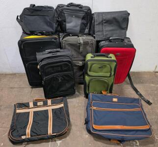 Assorted Luggage Lot &ndash; 5 Carry-ons, 2 Garment Bags, 3 Laptop Bags, Mixed Colors & Brands