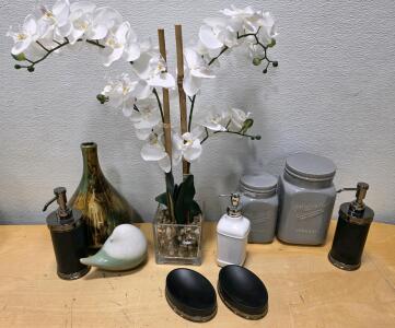 Assorted Decorative Home Accessories Lot with Mason Craft & More Storage Jars, Soap Dispensers, and Artificial Orchid Arrangement
