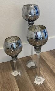 Silver Mercury Glass Candle Holder Set, 3 Tall Decorative Votive Goblets, 20/17/13 inch