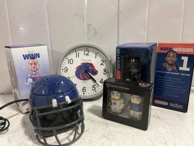 Boise State Broncos Memorabilia Lot: Bobbleheads, Clock, Helmet Warmer, Salt & Pepper Shakers