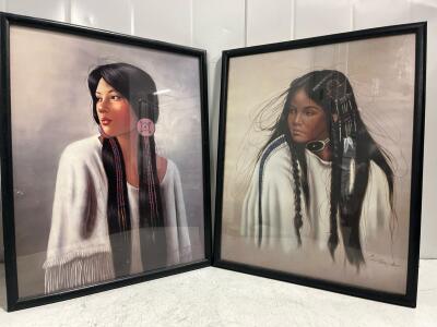 Native American Women Art Prints S. Garcia & J. Komans Signed Framed 18"x22" Set of 2