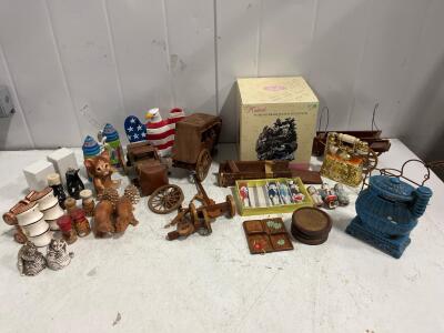 Large Assorted Vintage Novelty Decor Lot &ndash; Salt & Pepper Shakers, Figurines, Wooden Carts, Banks