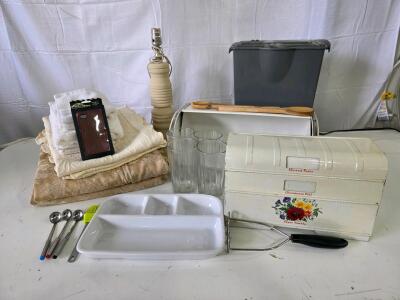 Vintage Kitchen & Linens Lot &ndash; Bread Box, Foil Dispenser, Curtains, Glasses, Tools, iPhone Case