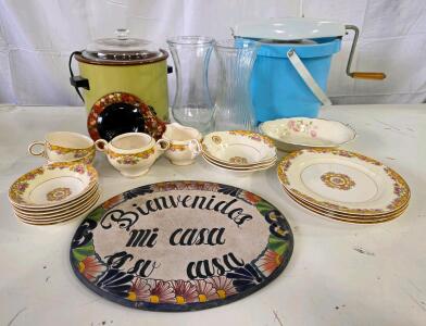 Vintage Working Crock Pot and Hand Crank Ice Cream Churn