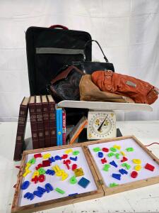 Boho Ball Cap Hanger, Air Mattress Topper, Small Cow Print Hoodie. Mixed Lot: Vintage & Contemporary Books, Handbags, Suitcase, Educational Toy