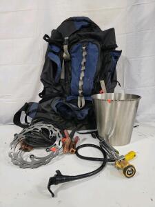 Micro Matic Beer Keg Pump, 12ft Jumper Cables, Ice Bucket, Bike Rotor, 65L Backpack