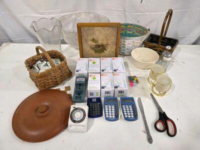 Mixed Lot: Baskets, LED Bulbs, Domino Set, Calculators, Glass Vase, Timers, Kitchenware