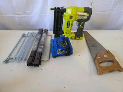 Working Ryobi P320 AirStrike Nail Gun, Kobalt 24V Charger, 20" Hand Saw, 16" Drawer Slides Lot