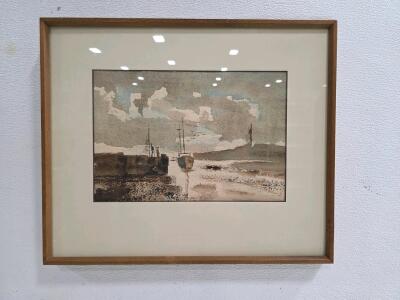 Framed Watercolor Nautical Harbor Scene Painting, 16"x19.5", Original Artwork, Wood Frame