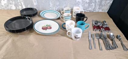 Lot Of Assorted Dishware, Plates, Coffee Mugs & Utencils