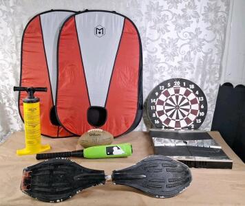 (1) Caster Board, (2) Dart Boards, (2) Vinyl Cornhole Targets, (1) Football, (1) Foam Bat & (1) Double Action Air Pump