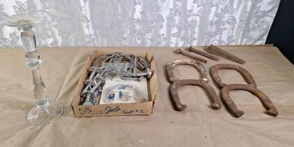 (1) 14" Vintage Heavy Clear Glass Candle Holder, Assorted Curtain Hanging Cables & Supports & (1) Set Of (4) Vintage Horseshoes