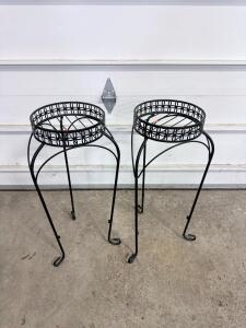 Pair of 27" Black Metal Plant Stands, Decorative Circle Motif, Fits 10" Pots, Indoor/Outdoor