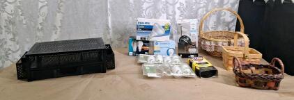 (1) 2-Tier Metal Organizer W/ Drawer & (2) Side Pockets Assorted New Lightbulbs & (3) Wicker Baskets