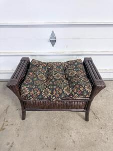 Dark Brown Wicker Accent Bench with Multicolor Cushion, 46.75" L x 17.5" W x 16.75" H