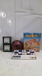 Brunswick Crown Jewel Bowling Ball, RATTLER! Board Game, Chargers Checkers, (2)Wester Electric Teletalk boxes