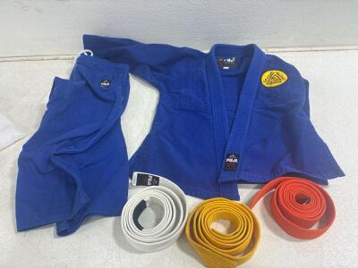 FUJI GI and KIMONO pants (Childs 2) GI with white, yellow and orange belt.