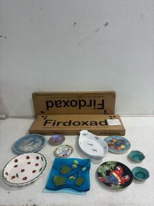 Various artistic plates, fish themed ramekin, artistic themed platter, Romeo and Juliet plate collection. Firedoxad Toddler Bed Rails.